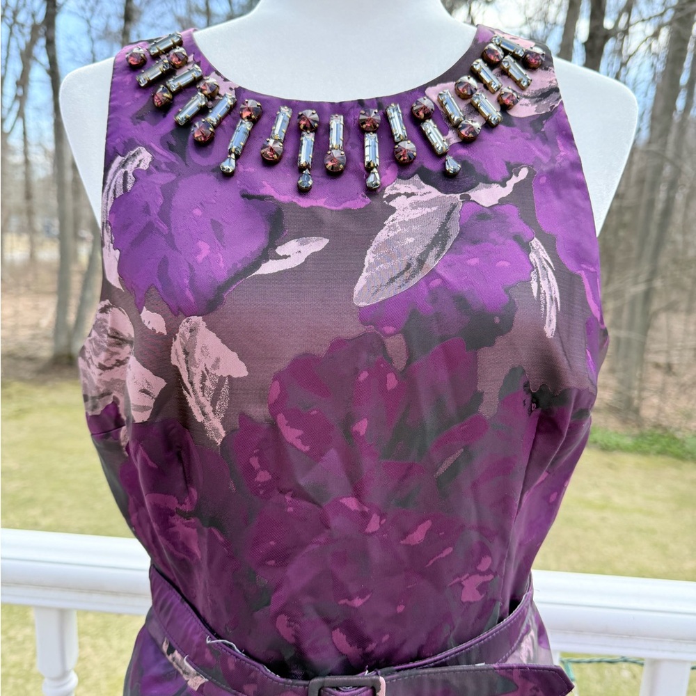 Eliza J embellished neck purple jacquard fit and flare belted dress - Picture 2 of 10